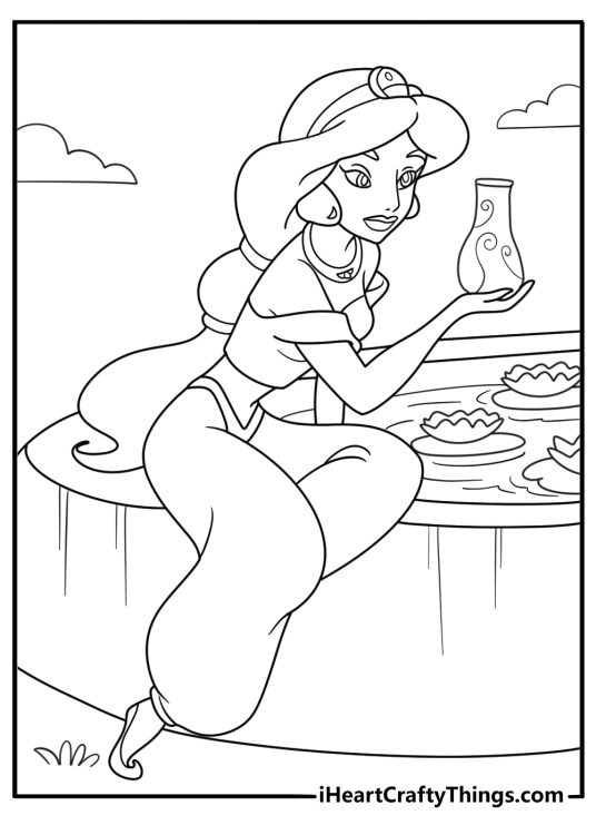 princess jasmine pouring water from a vase in the palace garden coloring page