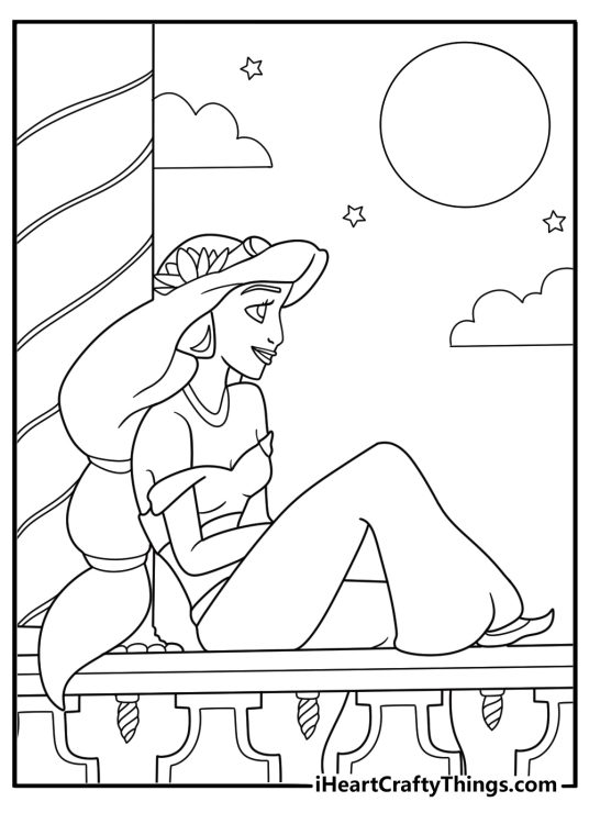 princess jasmine sitting on a balcony looking at the night sky coloring sheet
