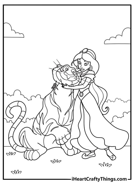 princess jasmine standing beside rajah the tiger printable coloring sheet