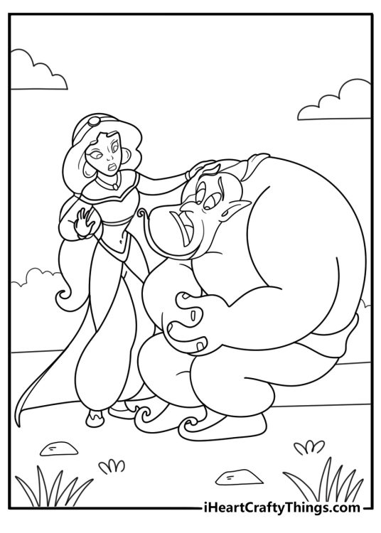 princess jasmine talking with genie from the magic lamp printable coloring sheet