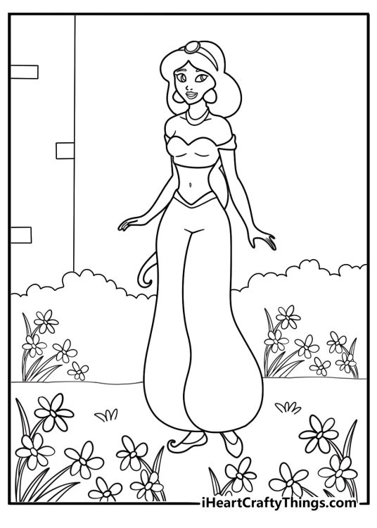 princess jasmine walking through the palace garden detailed coloring page