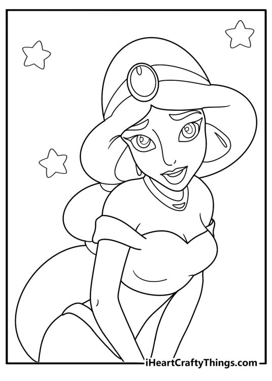 princess jasmine wearing a jeweled crown cartoon style coloring sheet