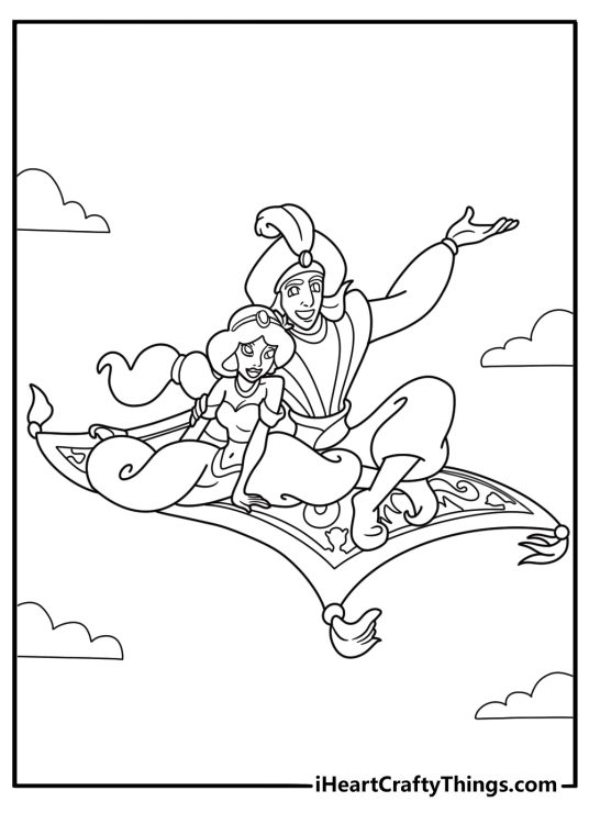 princess jasmine with aladdin on the magic carpet coloring page for kids