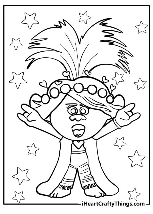 Poppy the Troll striking rocker pose with stars in the background free page to download and print