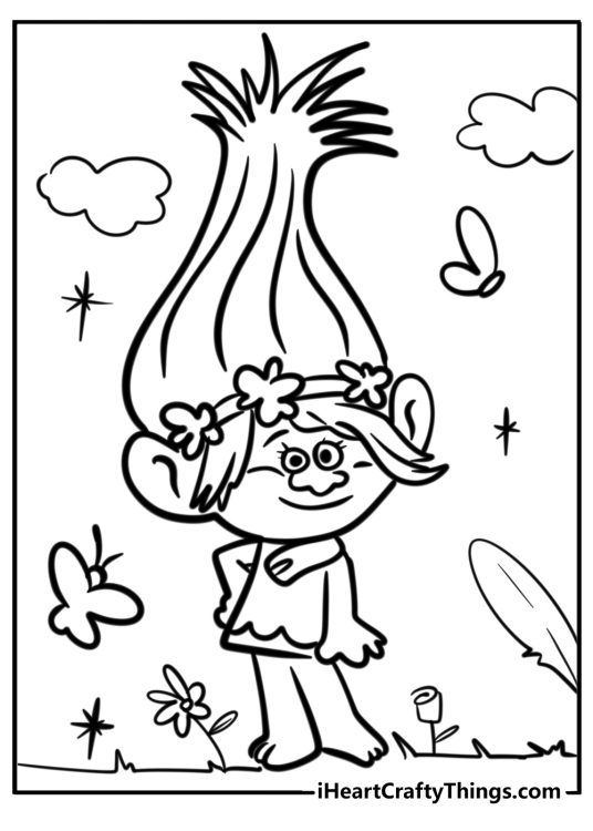 Troll coloring image featuring Poppy posing outdoors surrounded by flowers, butterflies and clouds