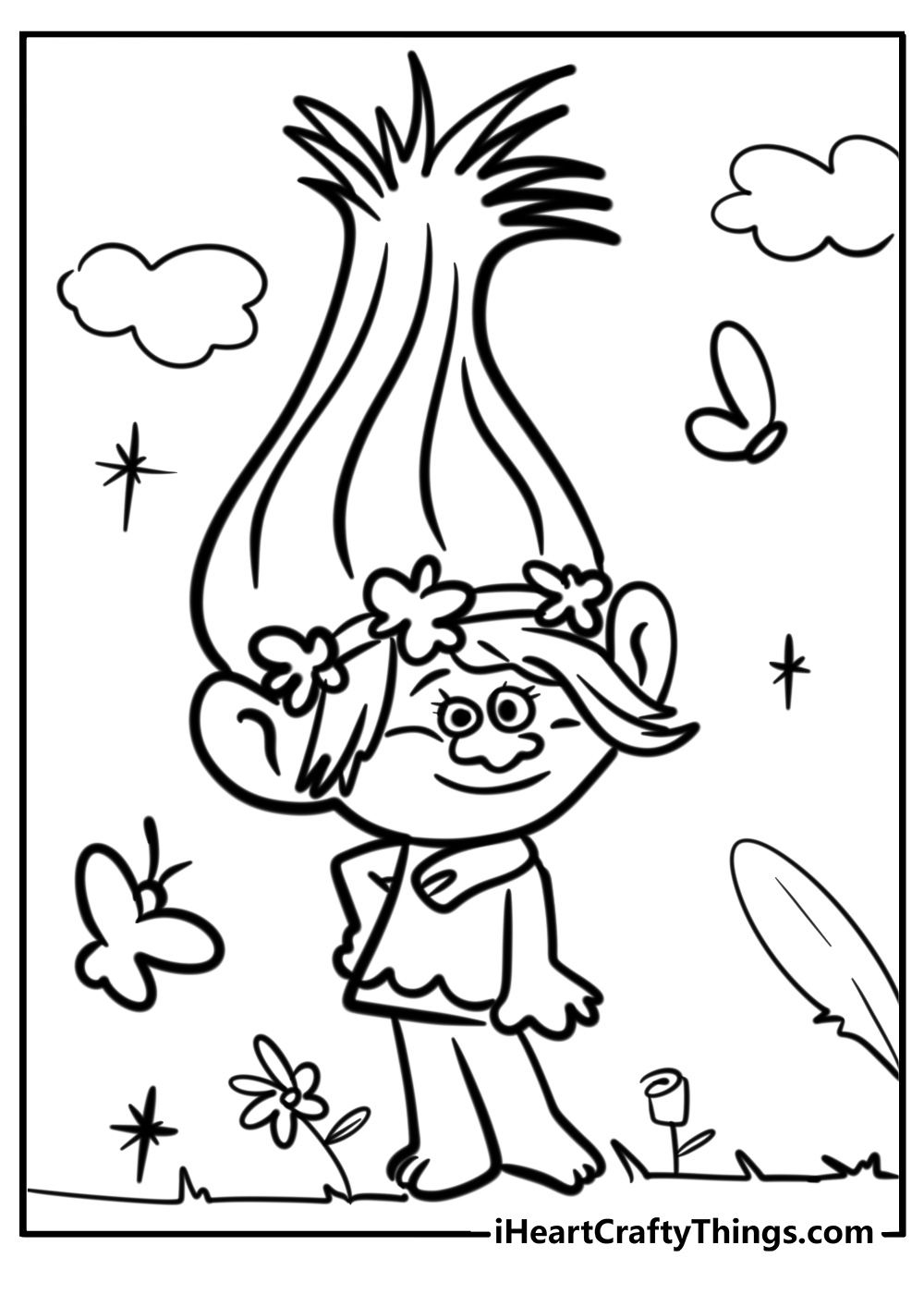 Princess Poppy standing in field coloring sheet
