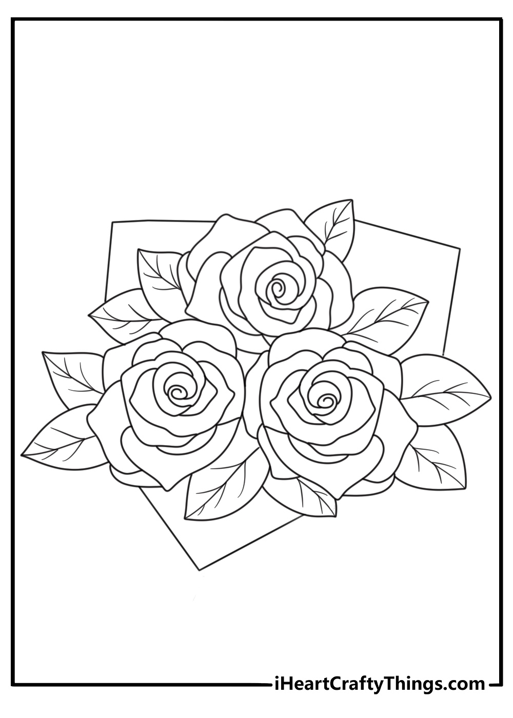 printable coloring picture featuring view from the top onto a bouquet of three roses