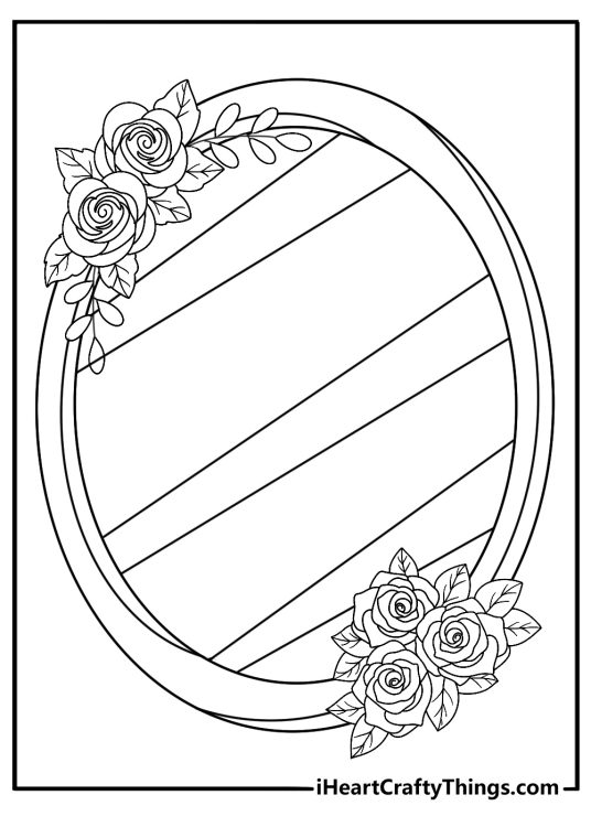 printable rose coloring sheet with a rose garland draped over a mirror