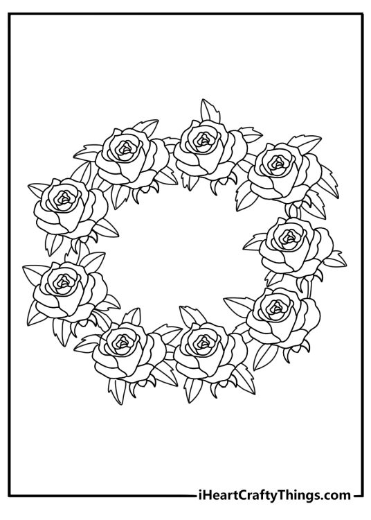 printable rose coloring sheet with a rose wreath around a blank center