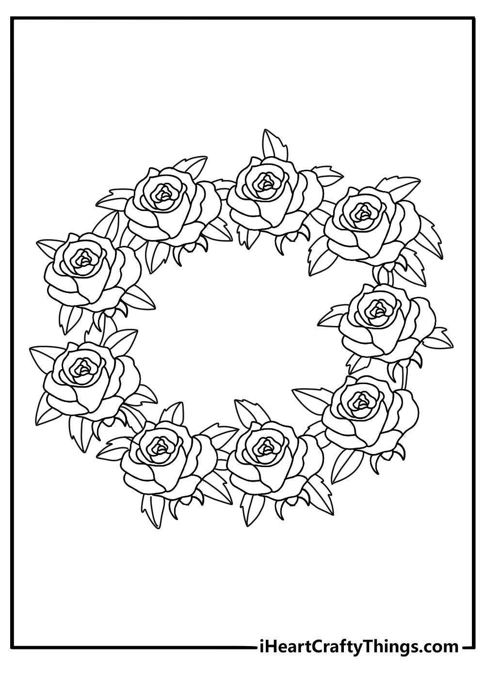printable rose coloring sheet with a rose wreath around a blank center