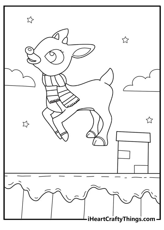 printable rudolph coloring sheet pdf flying above snowy rooftops with sleigh silhouette in the sky