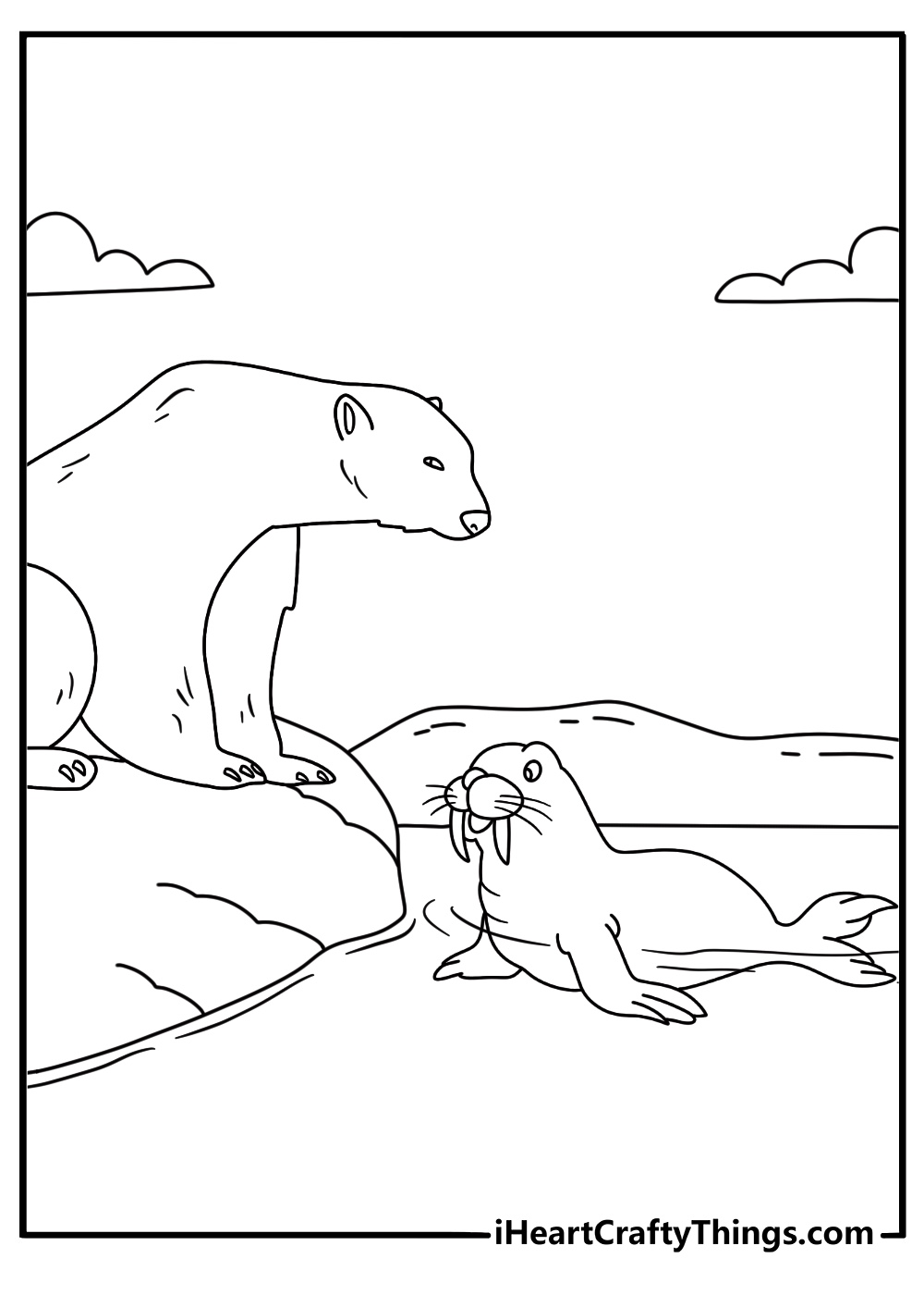 printable wildlife coloring page featuring a polar bear watching a walrus from shore