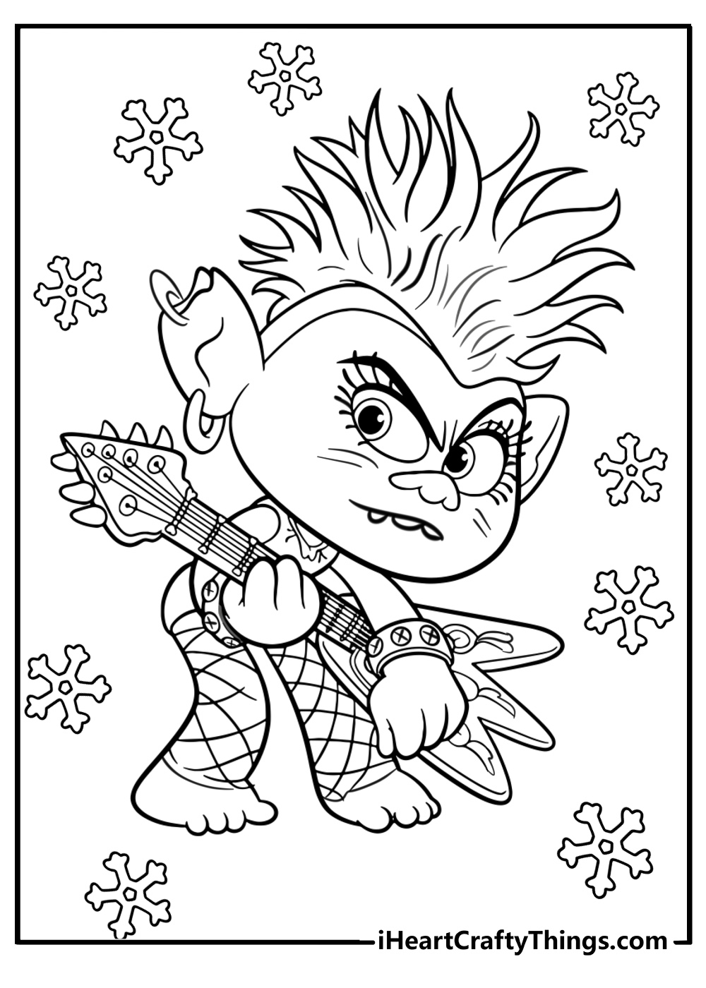Queen Barb troll playing guitar during world tour coloring page
