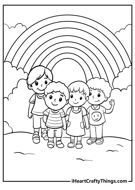 Printable picture featuring four cheerful children with a big rainbow behind them