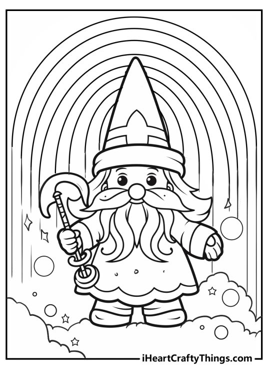 Detailed coloring page featuring cartoony wizard standing on the clouds with a rainbow in the background