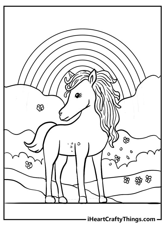 Coloring picture for kids presenting lovely cartoony horse and a rainbow behind it