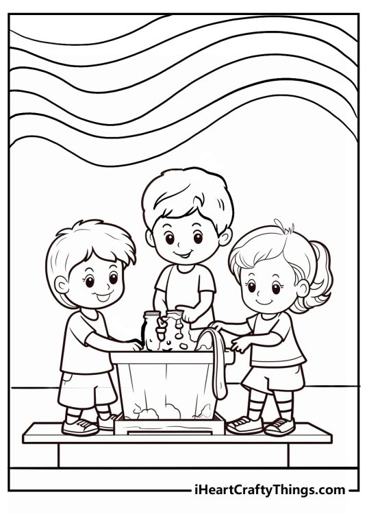 Free printable picture featuring three kids playing with playdough under a rainbow