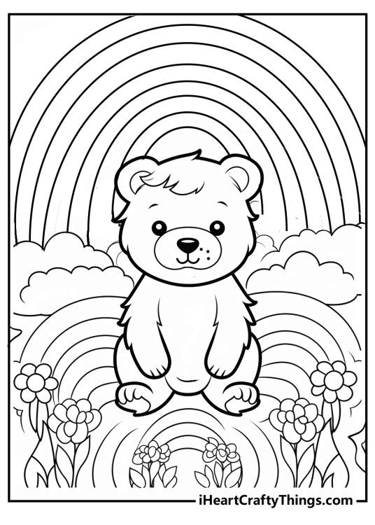 Coloring printable for kids featuring teddy bear surrounded by rainbows and flowers