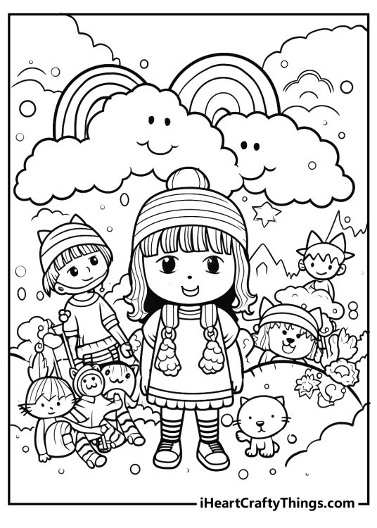 Detailed coloring poster depicting many kids with toys and pets playing under two rainbows and fluffy clouds