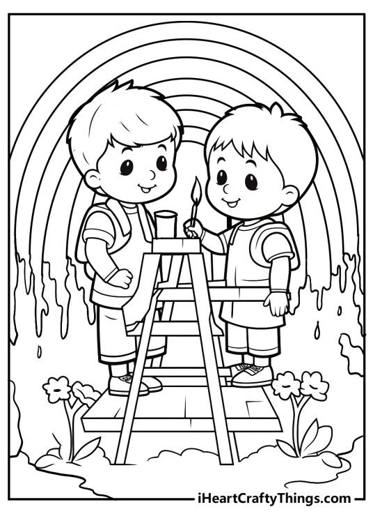 Detailed picture to color presenting two boys painting a rainbow on the wall while standing on the ladder