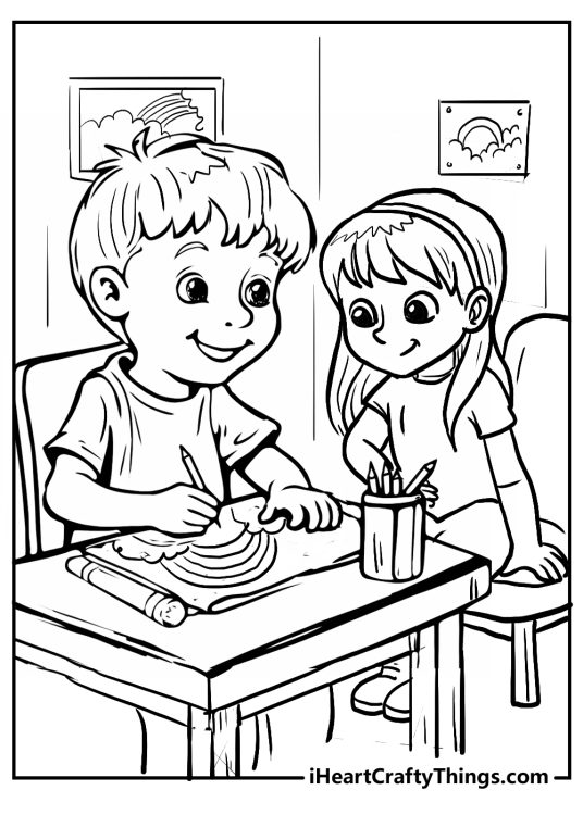 Image depicting a lovely scene with a boy and a girl drawing a rainbow by the table