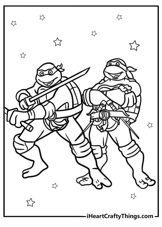 Ninja Turtles picture to color featuring Raphael and Leonardo posing with their weapons side by side