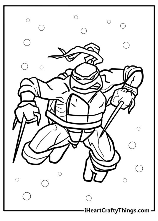 Ninja Turtles printable drawing for children depicting Raphael jumping in the air during fight