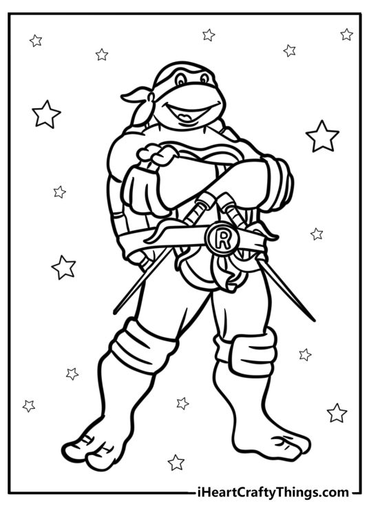 Detailed drawing of a Raphael from Ninja Turtles posing proudly surrounded by stars