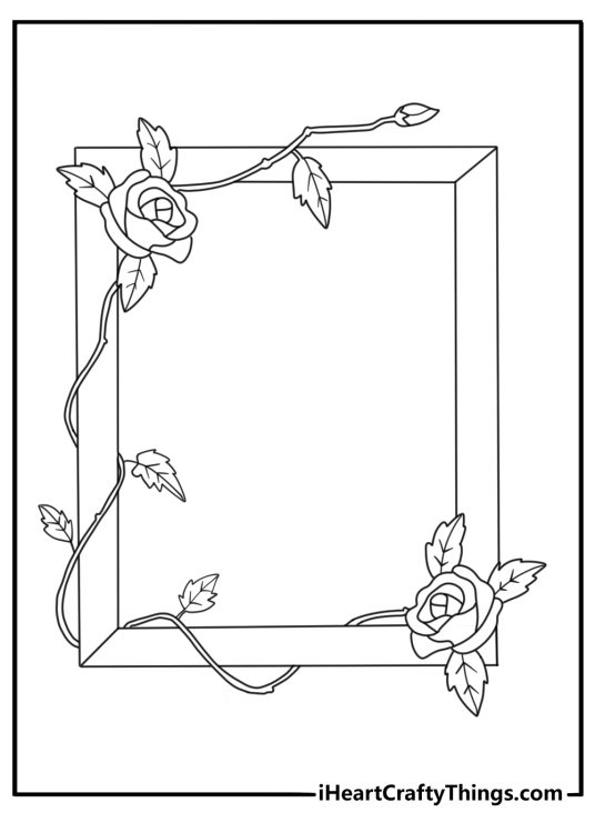 rose coloring page for kids with a rose branch crossing a wooden frame