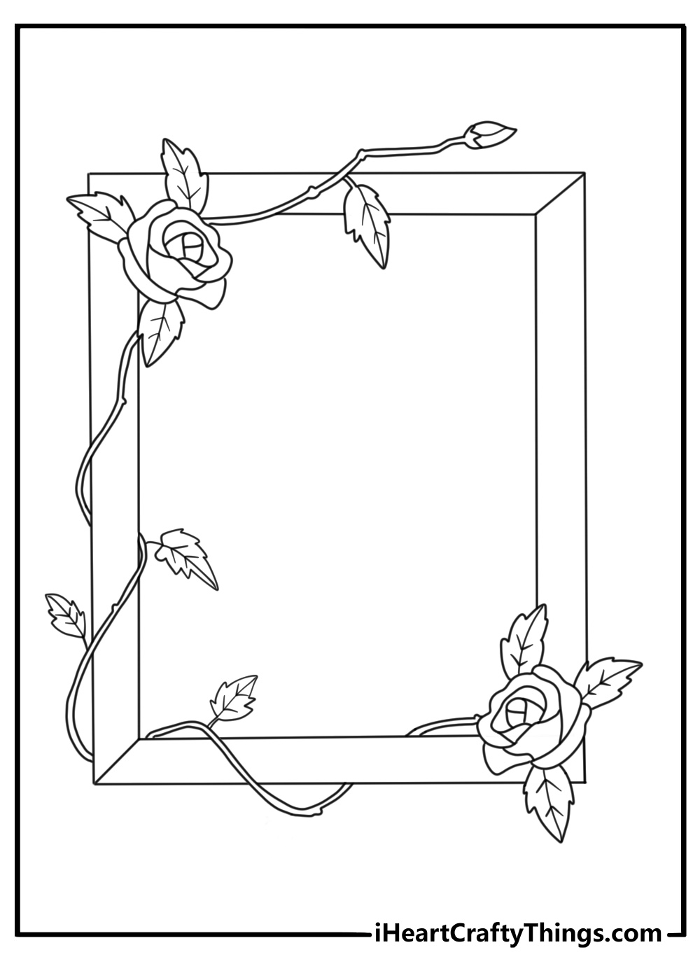 rose coloring page for kids with a rose branch crossing a wooden frame