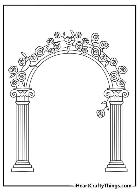 rose coloring pages for adults with roses woven through an ornate arch