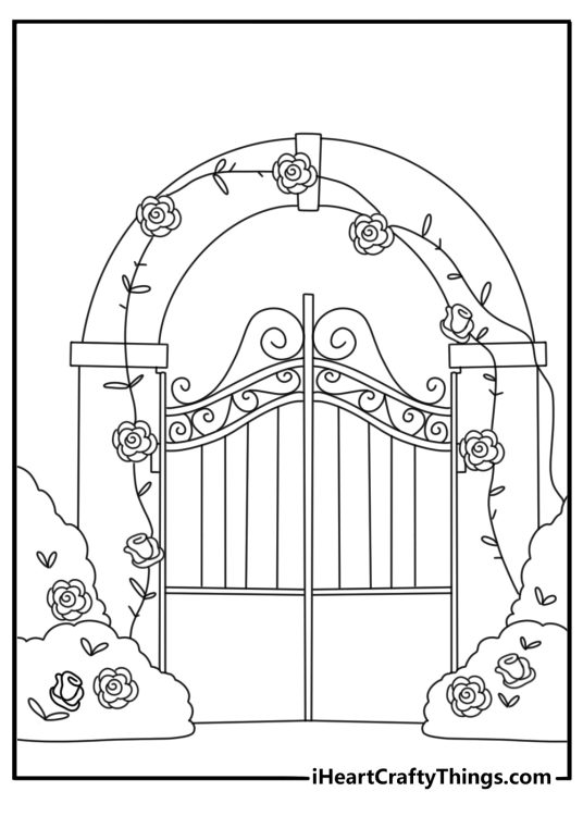 rose coloring pages scene with a rose growing beside a garden gate