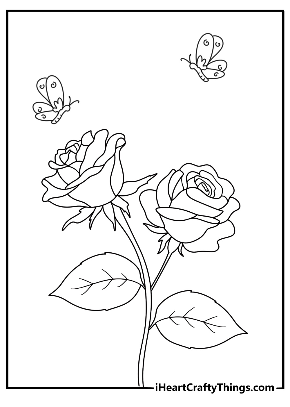 rose themed coloring page presenting beautiful butterflies gathering around a rose