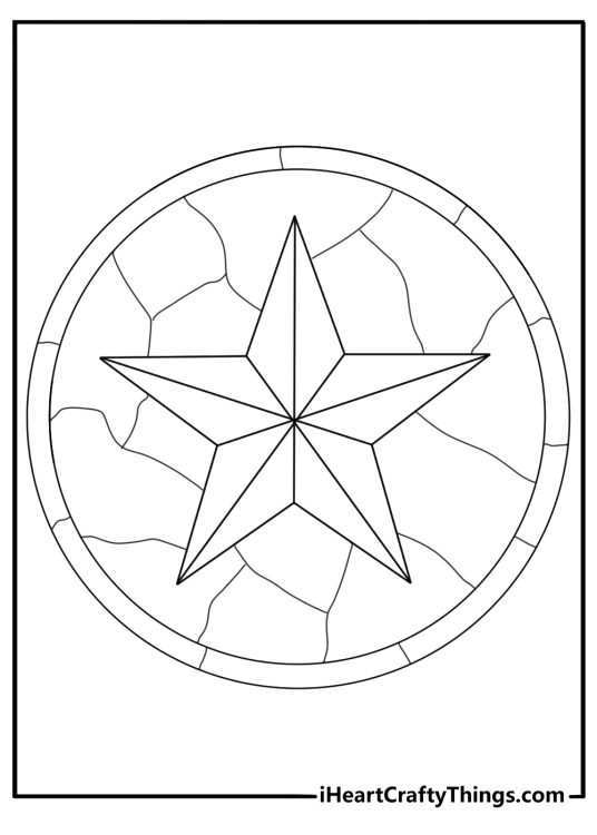 round stained glass window with geometric star detailed coloring sheet
