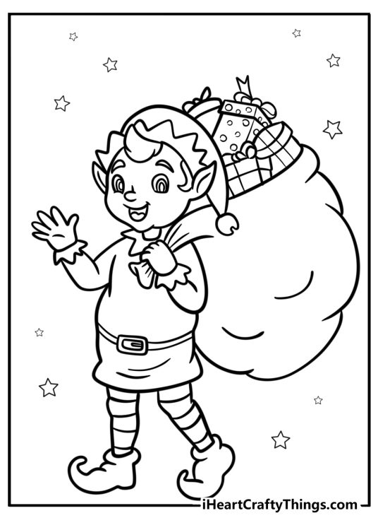 Christmas Elves coloring page featuring happy-looking elf carrying a big sack of toys