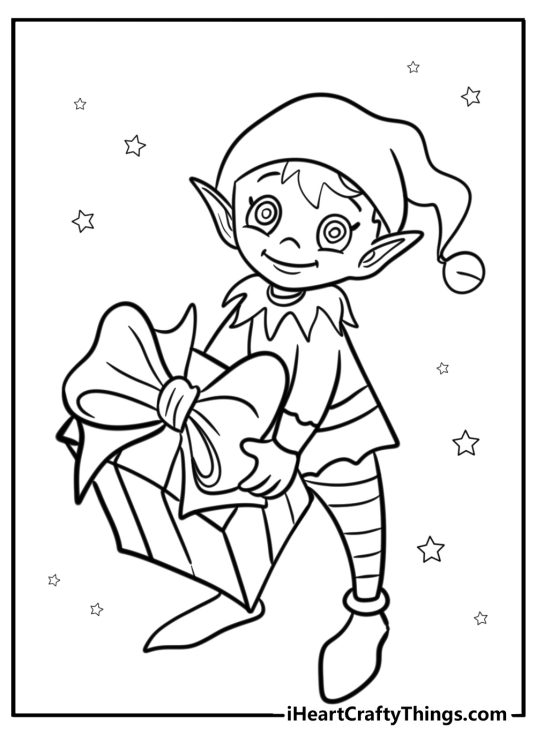 Christmas Elves coloring image for kids featuring realistic elf holding large gift box with a big bow