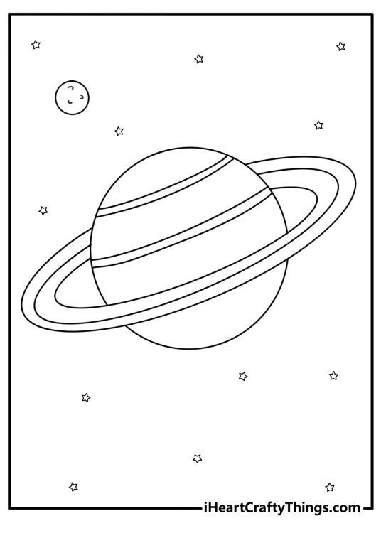 saturn coloring page with wide rings and small moons nearby