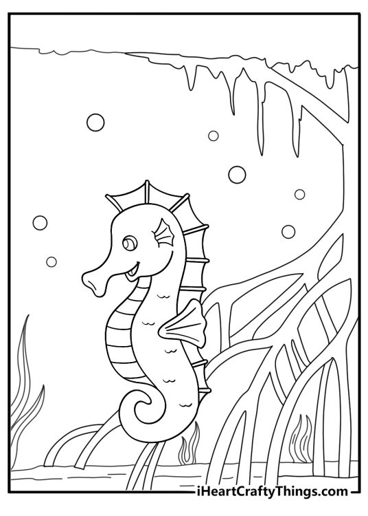 seahorse among mangrove roots shallow water coloring page for kids