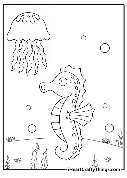 seahorse and jellyfish reef scene printable coloring page