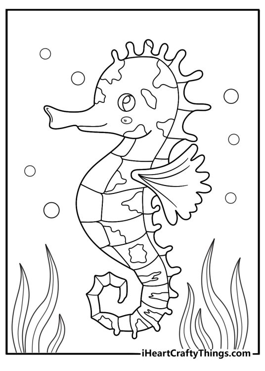 seahorse camouflaged in seagrass meadow coloring sheet printable pdf