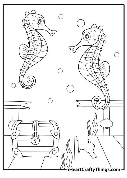 seahorse near shipwreck and treasure chest coloring poster printable