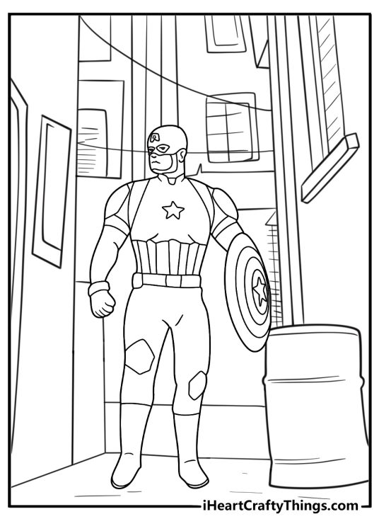 simple captain america coloring printable hero sprinting forward in city street setting