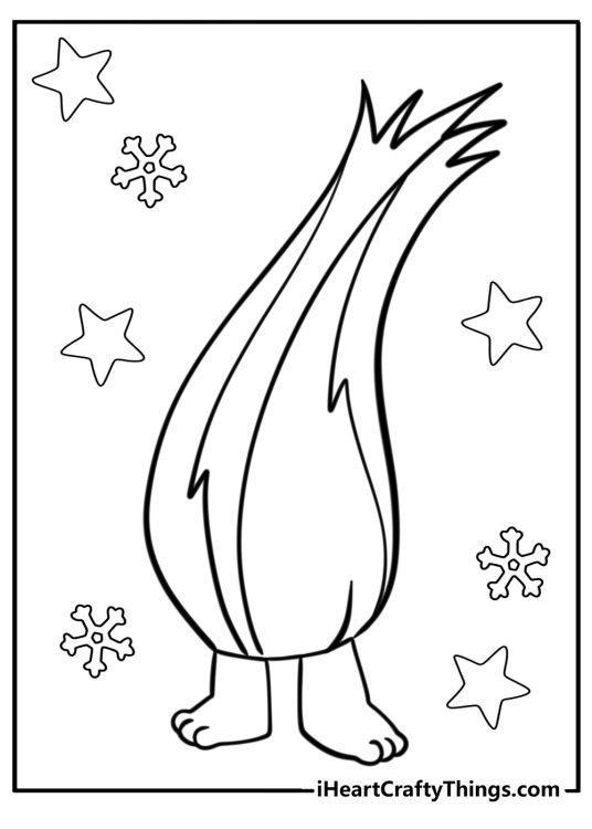 Troll-themed coloring image featuring troll Fuzzbert surrounded by stars and snowflakes