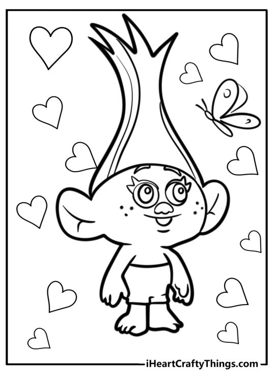 Free printable coloring picture of a Troll Simple Keith looking up at the butterfly surrounded by hearts