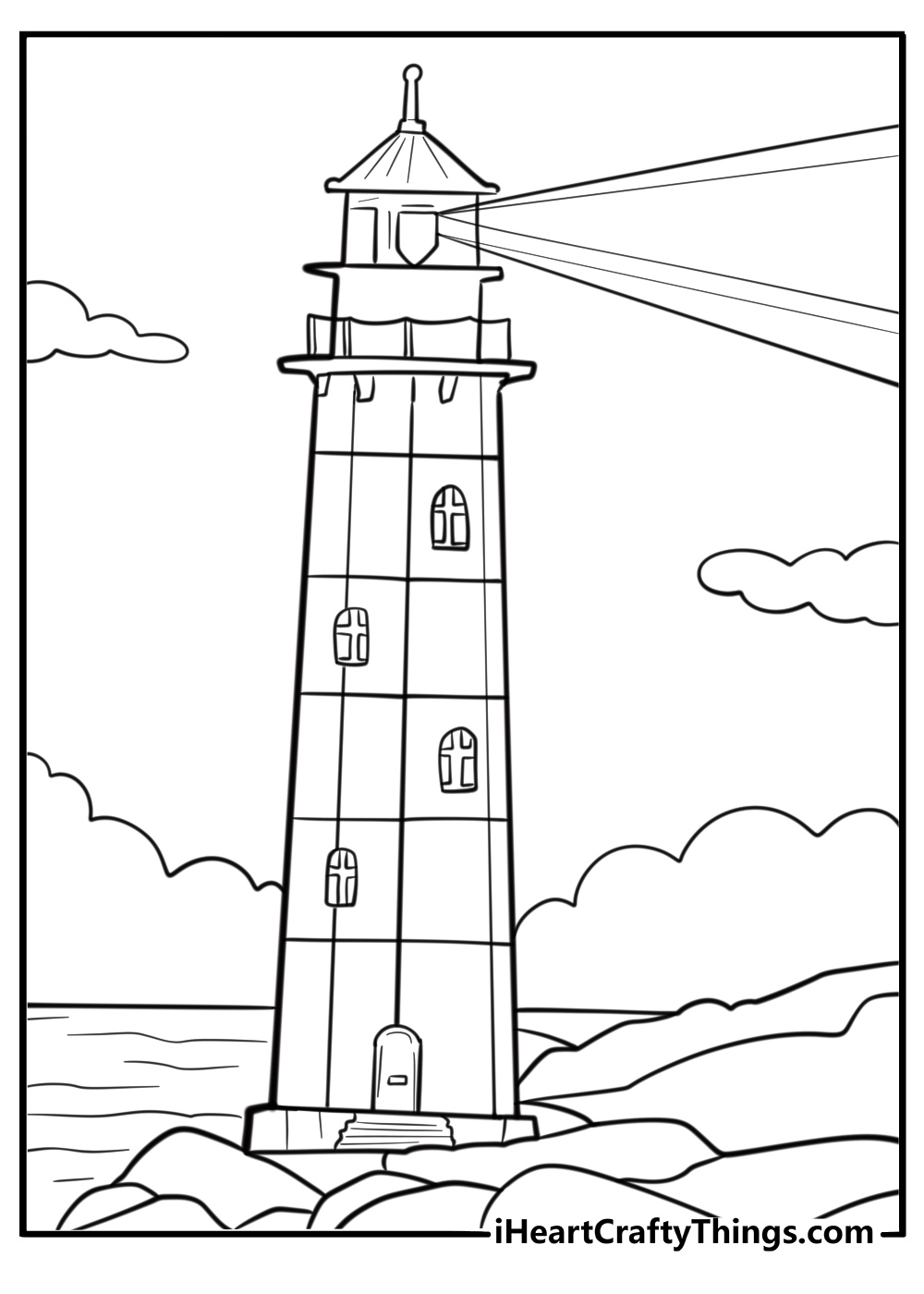 Simple lighthouse with a bright light beam fun coloring sheet