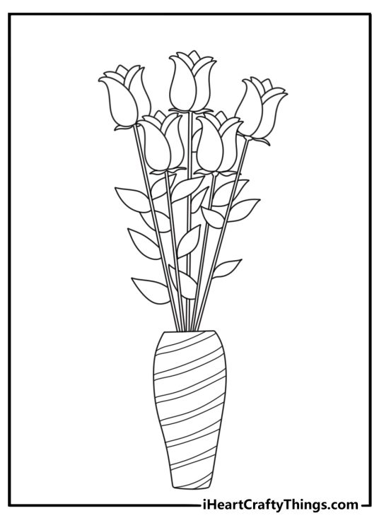 simple rose coloring page with a long stem in a flower vase