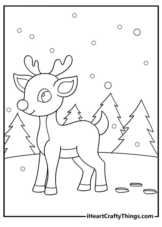 simple rudolph printable coloring sheet leaving hoofprints on a snowy forest trail
