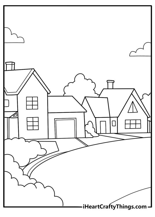 simple suburban houses at the edge of the city coloring page