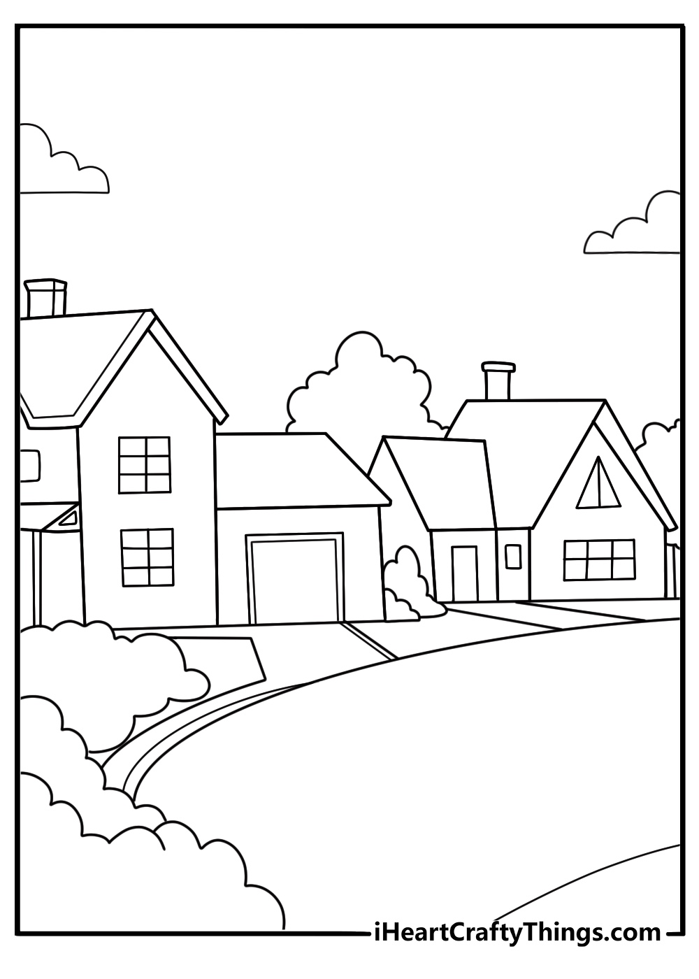 simple suburban houses at the edge of the city coloring page