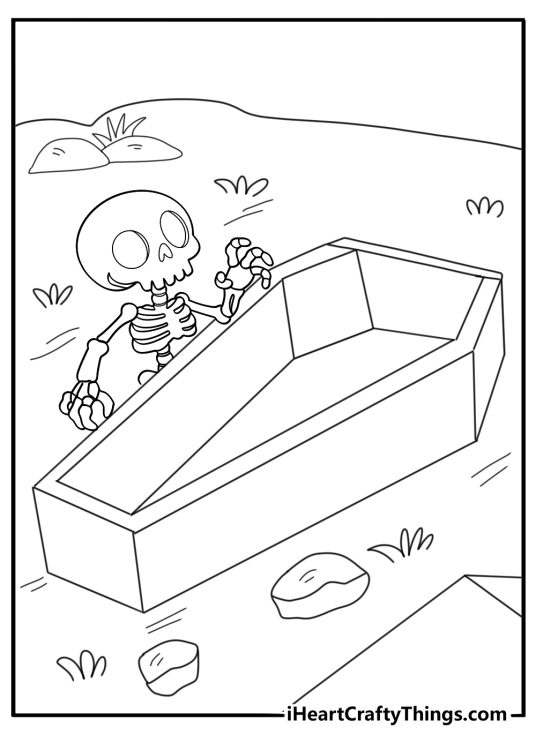 skeleton climbing out of a coffin detailed coloring page